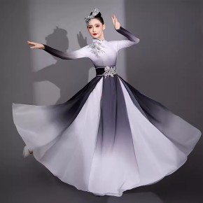 Black white gradient chinese folk dance dress for women girls ancient traditional umbrella fan dance hanfu fairy princess dance dress for female